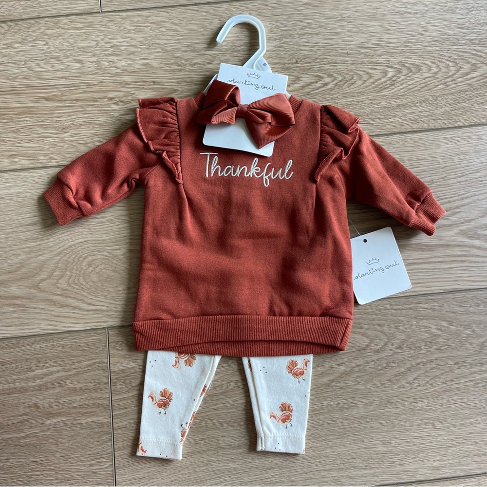 NWT Newborn Starting Out Thankful Rust Baby Outfit with Bow and Floral Leggings